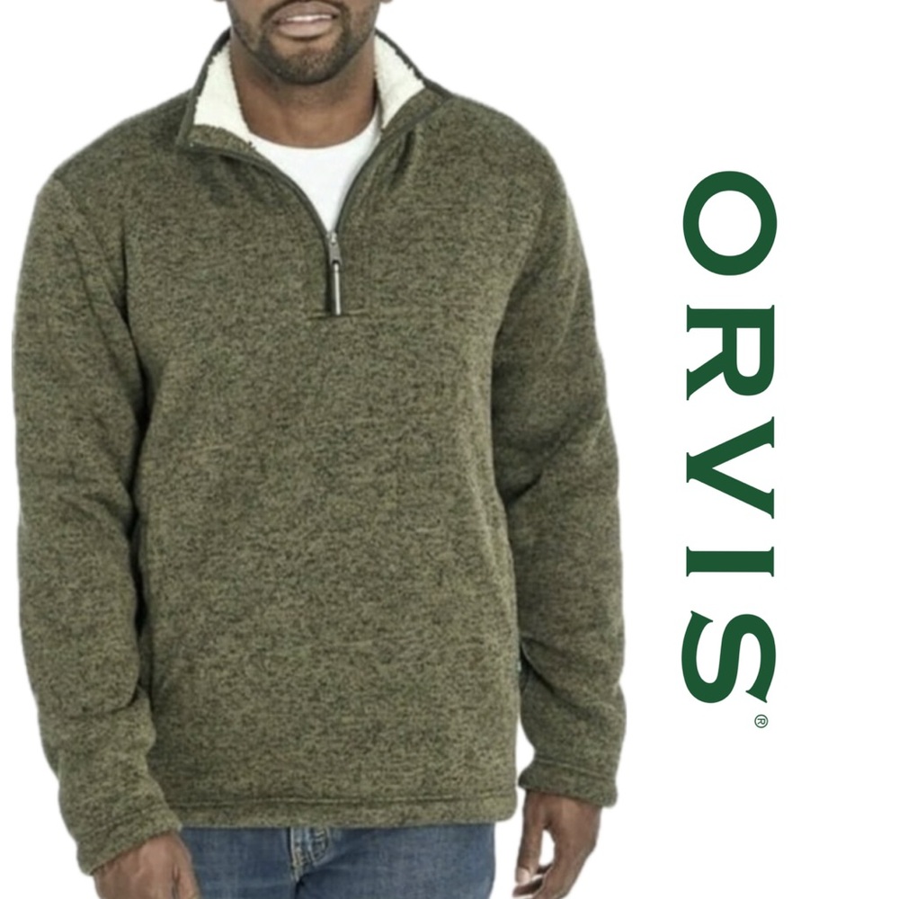 EUC Orvis Brighton Sherpa 1/4 Zip Marled Jacquard Green Knit Pullover Sweater L